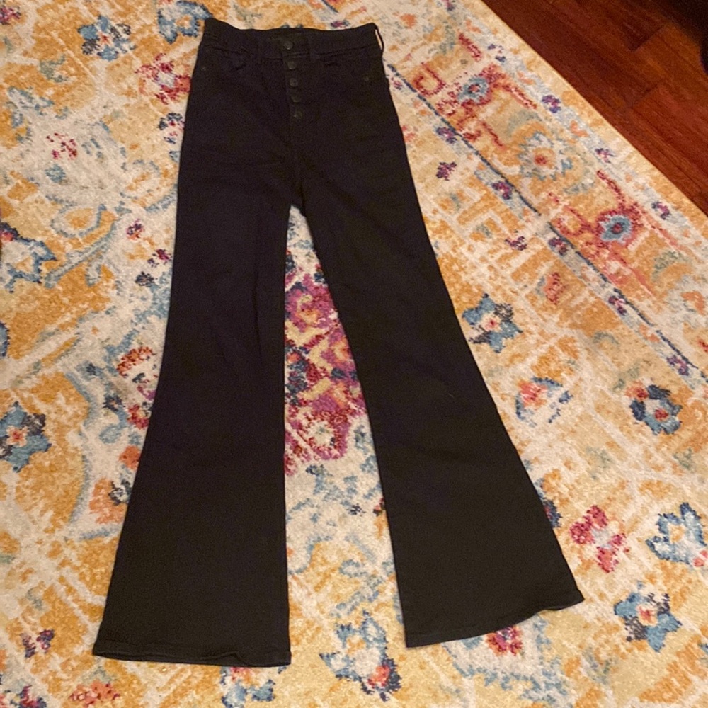AE Black Denim Button High Rise Flares